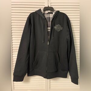 Harley-Davidson Black Zip-Up Hoodie with Plaid Lining.  Size L, only worn once.